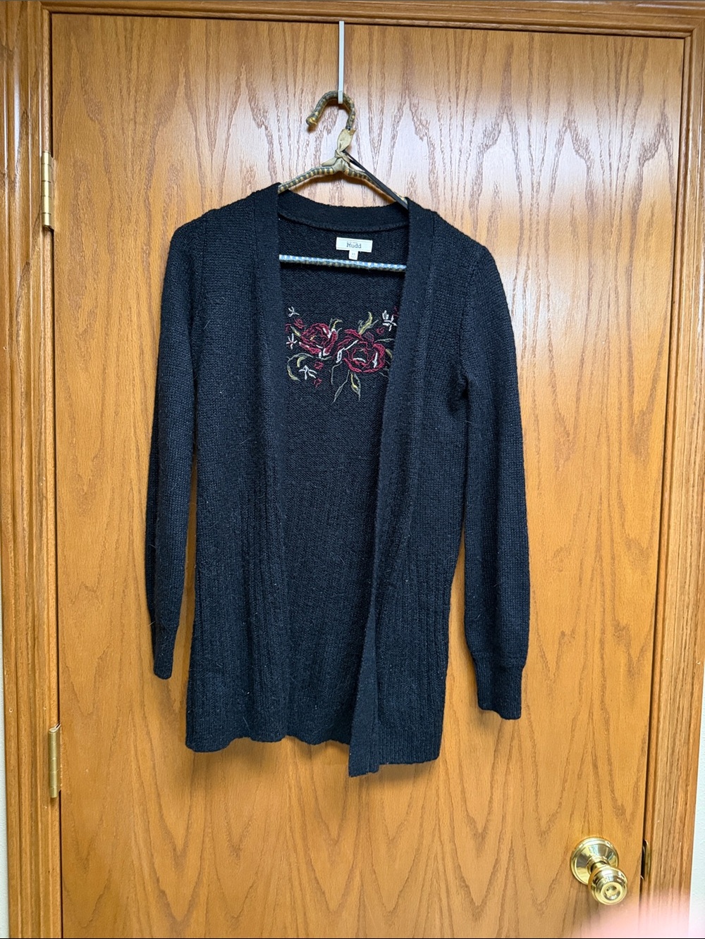 Mudd Black Open Cardigan with Red Rose Embroidery